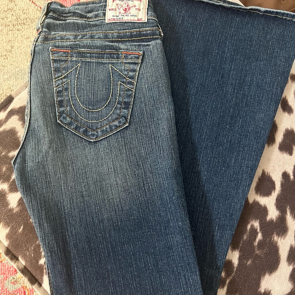 True Religion flare jeans. Super low rise, inseam is 33 inches. Only worn once.